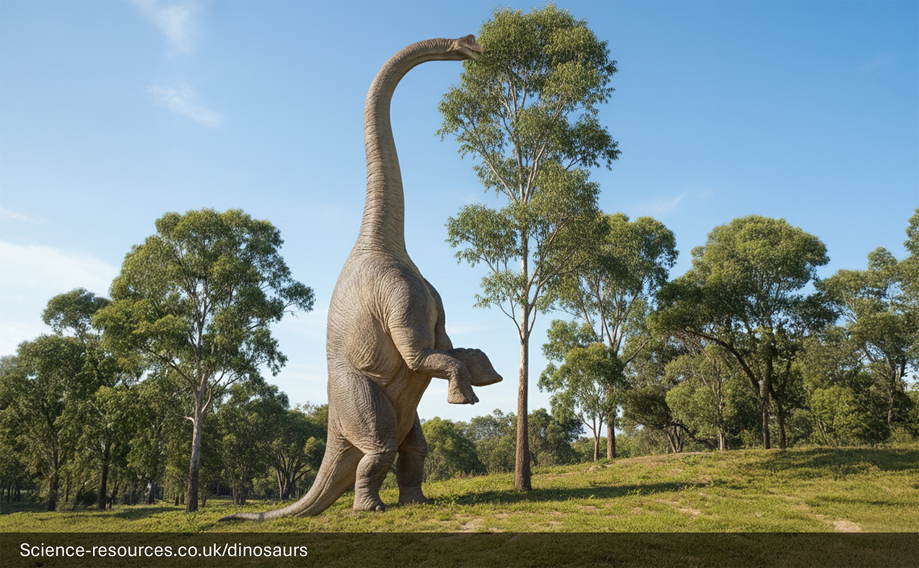 Image of a large Brachiosaurus standing on its hind legs, stretching its long neck to reach the leaves of a tall tree. The scene is set on a grassy hillside with scattered tall eucalyptus-like trees. The lighting is bright and natural, suggesting a sunny day with a clear blue sky. 